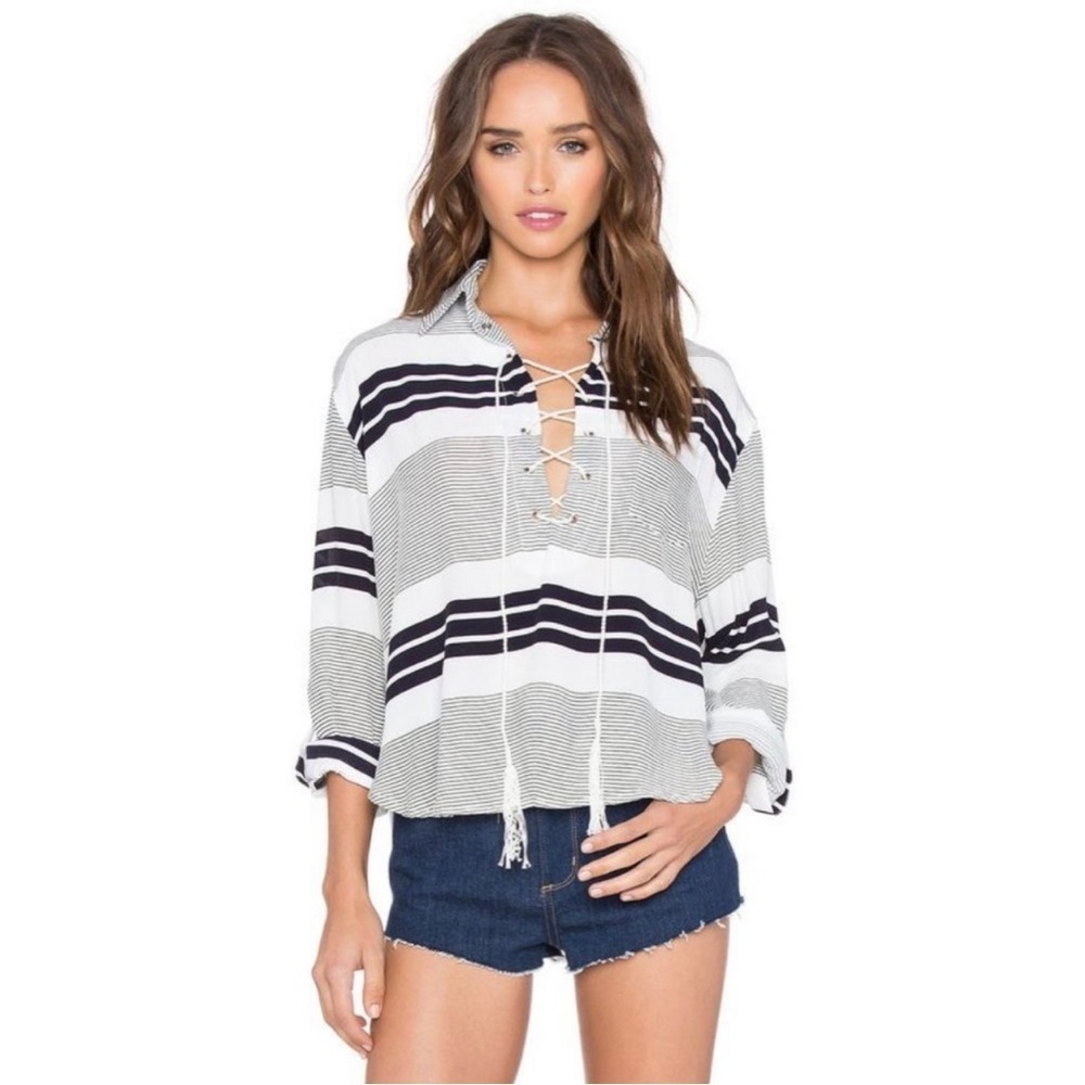 Faithfull the Brand Blake Lace Up Crop Shirt in Cabana Stripe